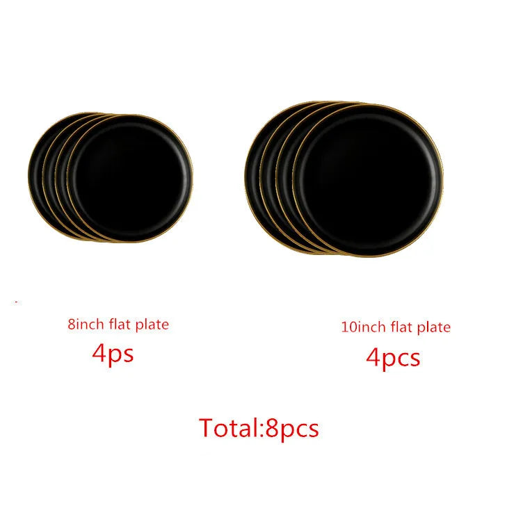 Black Porcelain Dinnerware Set with Gold Rim, Ceramic Plates, Bowls & Cutlery for Home & Restaurant Use
