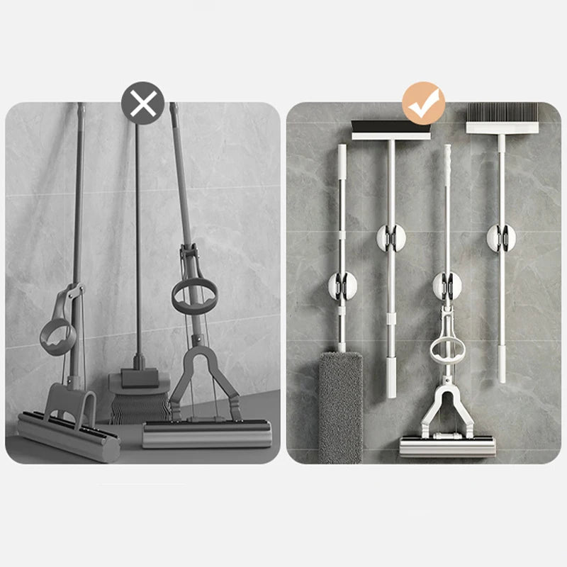 Self-Adhesive Roller Mop Hooks – Wall-Mounted Broom & Cleaning Tool Organizer Rack for Bathroom & Home