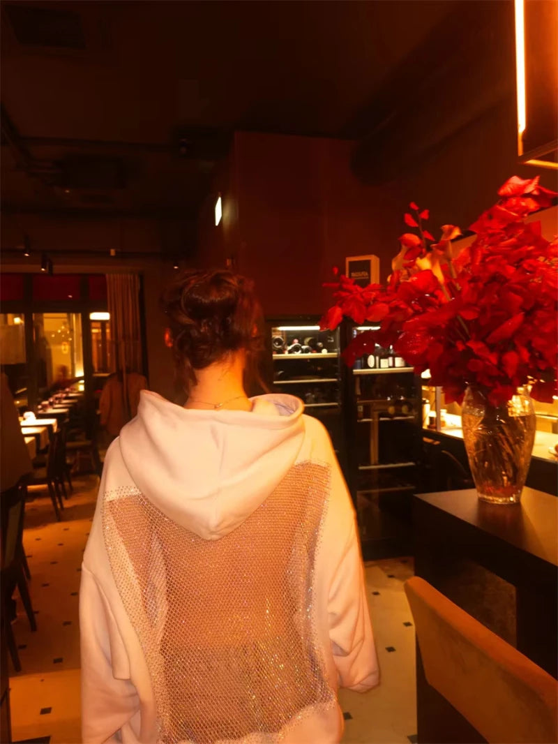 Women's Fashion Semi Transparent Hooded Sweatshirt, Sportswear, American Gothic Sexy Hollow Mesh Hooded Sweatshirt, Y2K Clothing