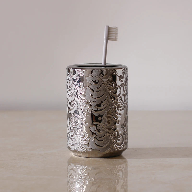 Silver Ceramic 5-Piece Bathroom Accessory Set, Soap Dispenser, Gargle Cup, Soap Dish & Toothbrush Holder Toiletry Set
