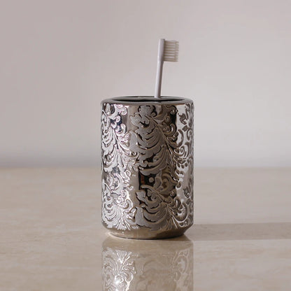 Silver Ceramic 5-Piece Bathroom Accessory Set, Soap Dispenser, Gargle Cup, Soap Dish & Toothbrush Holder Toiletry Set