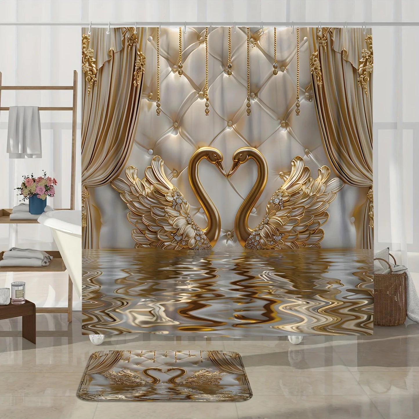 Luxury Gold Swan Bathroom Set 4PCS, Elegant Shower Curtain & Bath Mat Set with 3D Swan Design
