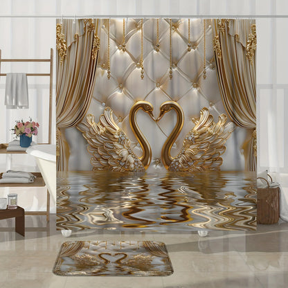 Luxury Gold Swan Bathroom Set 4PCS, Elegant Shower Curtain & Bath Mat Set with 3D Swan Design