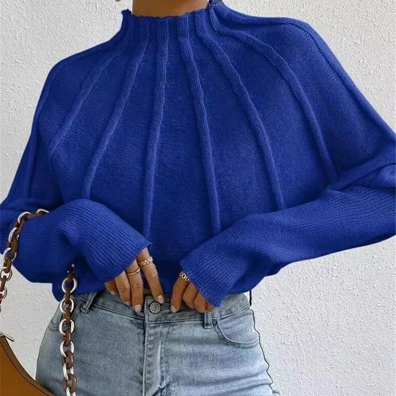 Women's Knitted Half-High Collar Sweater Batwing Sleeve Thickened Winter Style Pure Color  Sweaters Female
