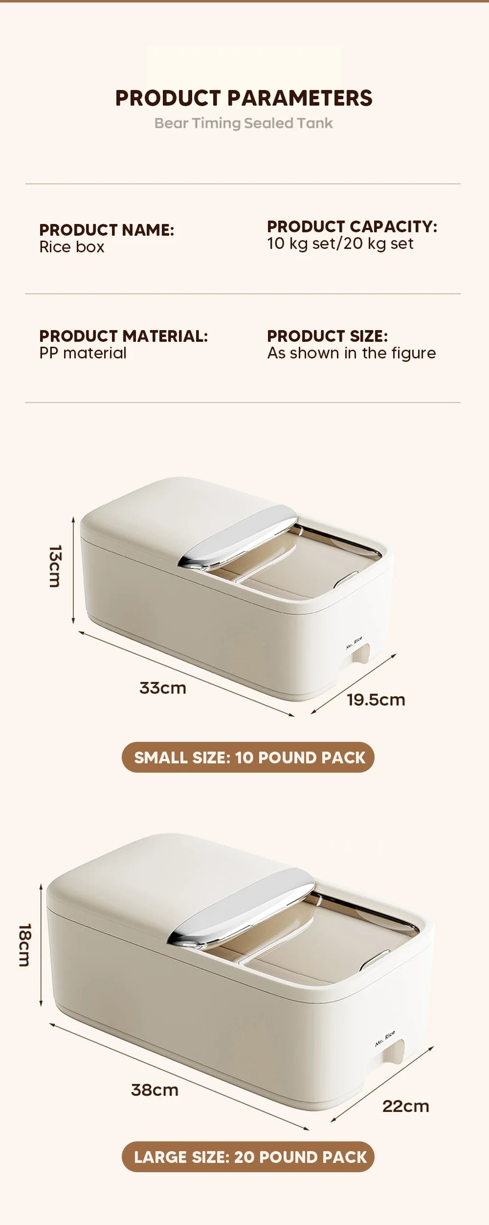 10KG Rice Storage Box with Lid, Large Capacity Moisture-Proof & Insect-Proof Grain Storage Container, Sealed Plastic Rice Bin for Kitchen Cabinet