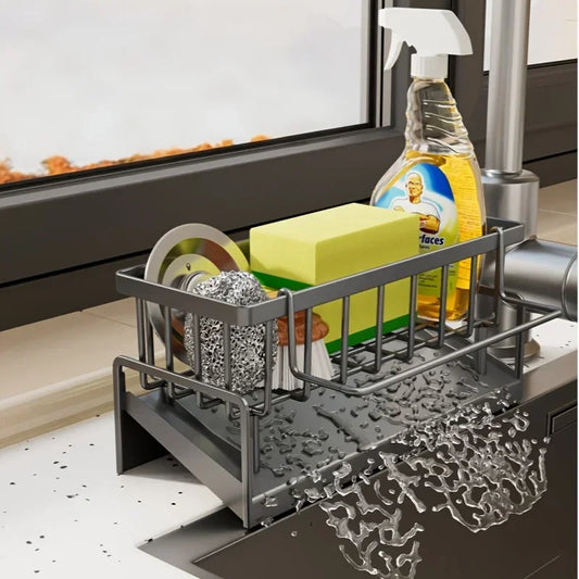 Drill-Free Sink Organizer, Multi-Use Sponge & Soap Holder with Drainage Rack for Kitchen Countertop Storage