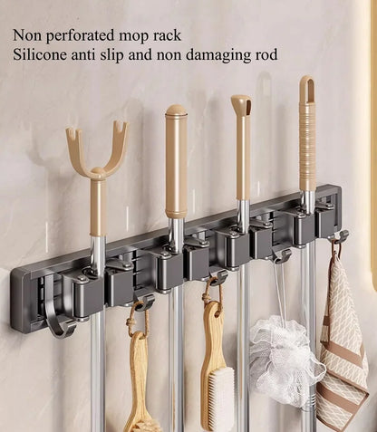 Aluminum Mop Holder Wall Mounted – Adjustable Broom & Mop Organizer Rack with Hooks and Strong Adhesive