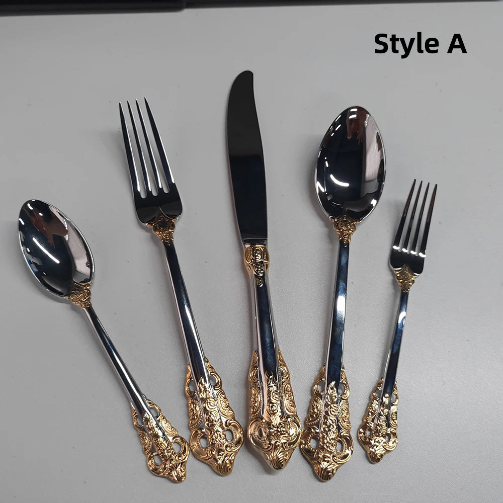 20/30PCS Luxury Gold & Silver Cutlery Set, Vintage Stainless Steel Flatware with Engraved Forks, Spoons & Knives