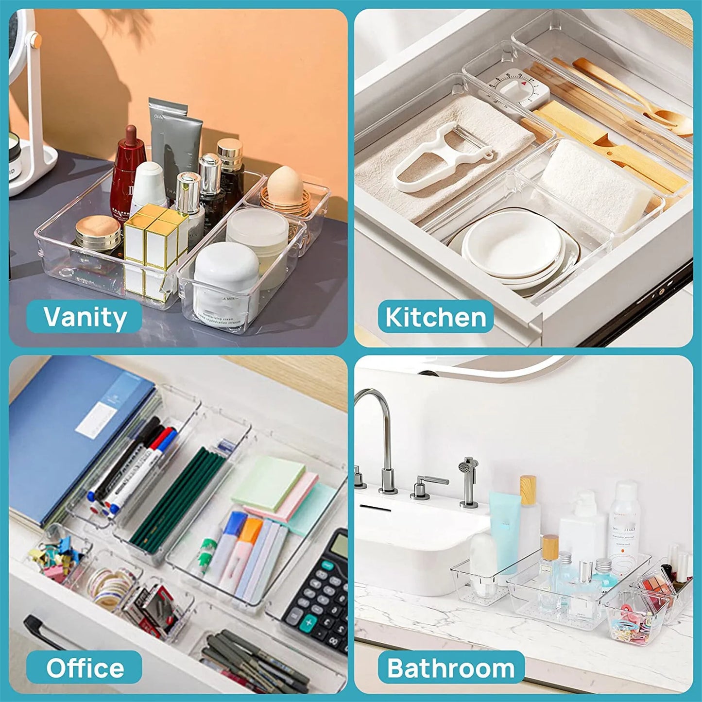 Drawer Organizers Set, Clear Plastic Desk Dividers & Storage Bins for Bedroom Dresser, Office, Makeup, Jewelry & Gadgets