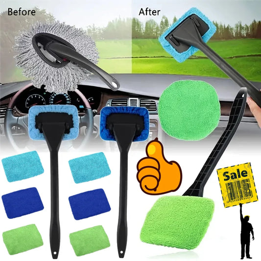 Car Window Cleaner Brush Kit – Windshield Cleaning Wash Tool Set with Long Handle Interior Auto Glass Wiper