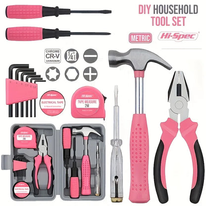 24-Piece Pink Tool Kit for Women, Mini Home Toolbox Set with Hammer, Pliers, Wrench and Screwdriver