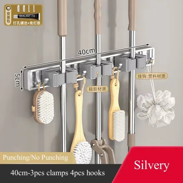 Aluminum Mop Holder Wall Mounted – Adjustable Broom & Mop Organizer Rack with Hooks and Strong Adhesive