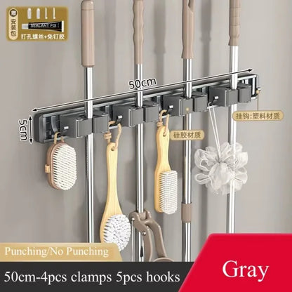Aluminum Mop Holder Wall Mounted – Adjustable Broom & Mop Organizer Rack with Hooks and Strong Adhesive