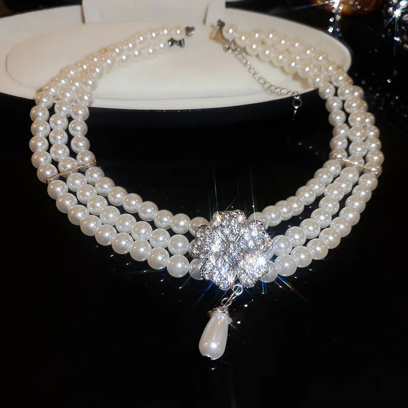 Flower Party Jewelry Set for Women with Imitation Pearl Multi-Layer Necklace, Rhinestone Bracelet and Earrings, French Luxury Shiny Accessory Set for Weddings and Events