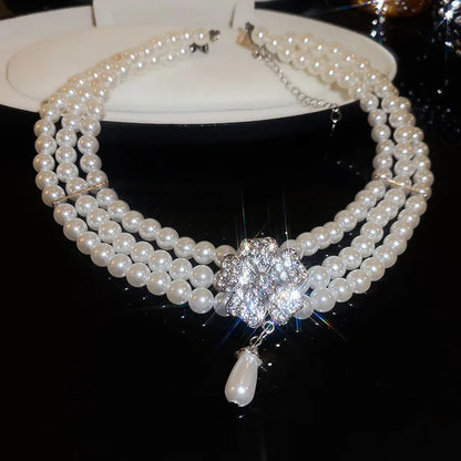 Flower Party Jewelry Set for Women with Imitation Pearl Multi-Layer Necklace, Rhinestone Bracelet and Earrings, French Luxury Shiny Accessory Set for Weddings and Events