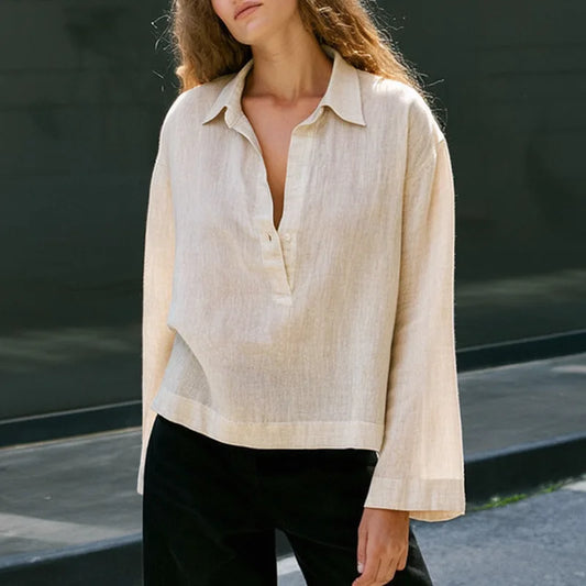 Women’s 100% Linen Half-Button V-Neck Shirt, Long Sleeve Turn-Down Collar Casual Retro Blouse for Spring and Daily Wear