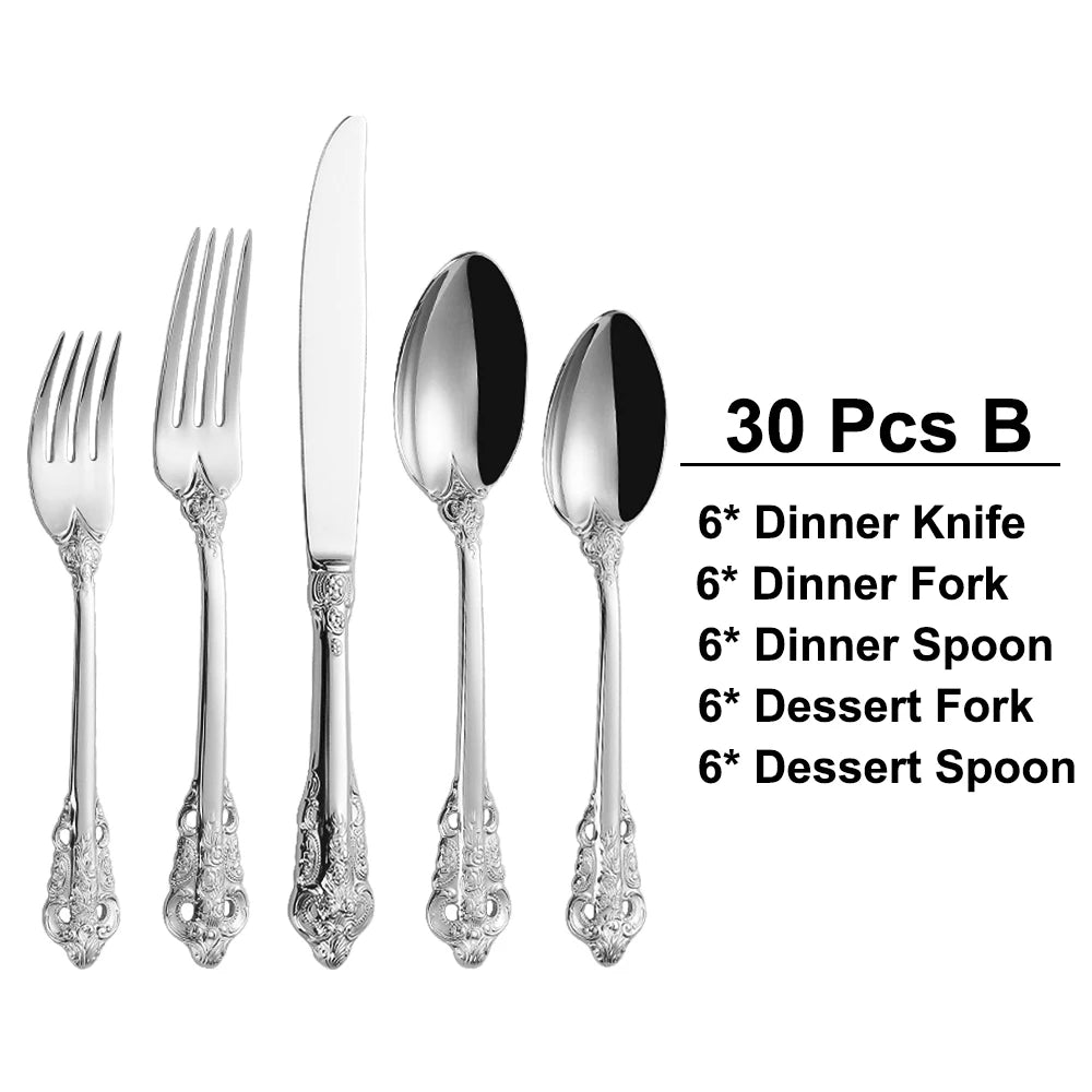 20/30PCS Luxury Gold & Silver Cutlery Set, Vintage Stainless Steel Flatware with Engraved Forks, Spoons & Knives