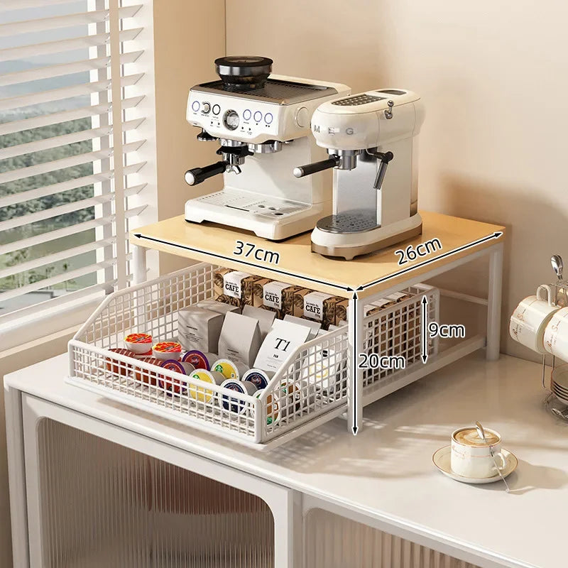 Modern Kitchen Microwave Rack, Solid Wood & Metal Countertop Storage Shelf, Space-Saving Organizer