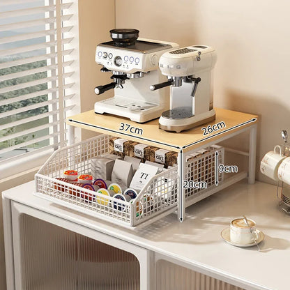 Modern Kitchen Microwave Rack, Solid Wood & Metal Countertop Storage Shelf, Space-Saving Organizer