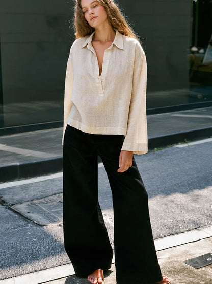 Women’s 100% Linen Half-Button V-Neck Shirt, Long Sleeve Turn-Down Collar Casual Retro Blouse for Spring and Daily Wear