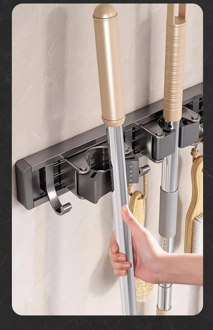 Aluminum Mop Holder Wall Mounted – Adjustable Broom & Mop Organizer Rack with Hooks and Strong Adhesive