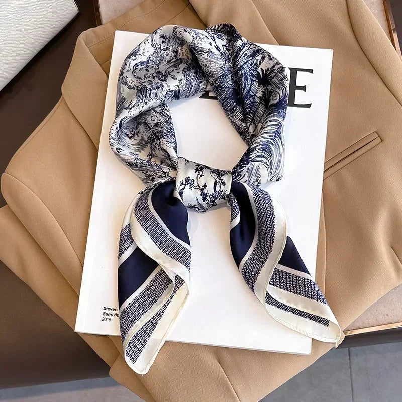 Luxury Printed Silk-Style Square Scarf for Women, Soft Satin Neckerchief Headband and Hair Ribbon, Fashion Hijab and Bag Accessory for Office and Daily Wear