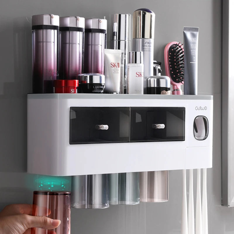 Bathroom Accessories Set with Automatic Toothpaste Dispenser, Magnetic Inverted Toothbrush Holder & Storage Rack