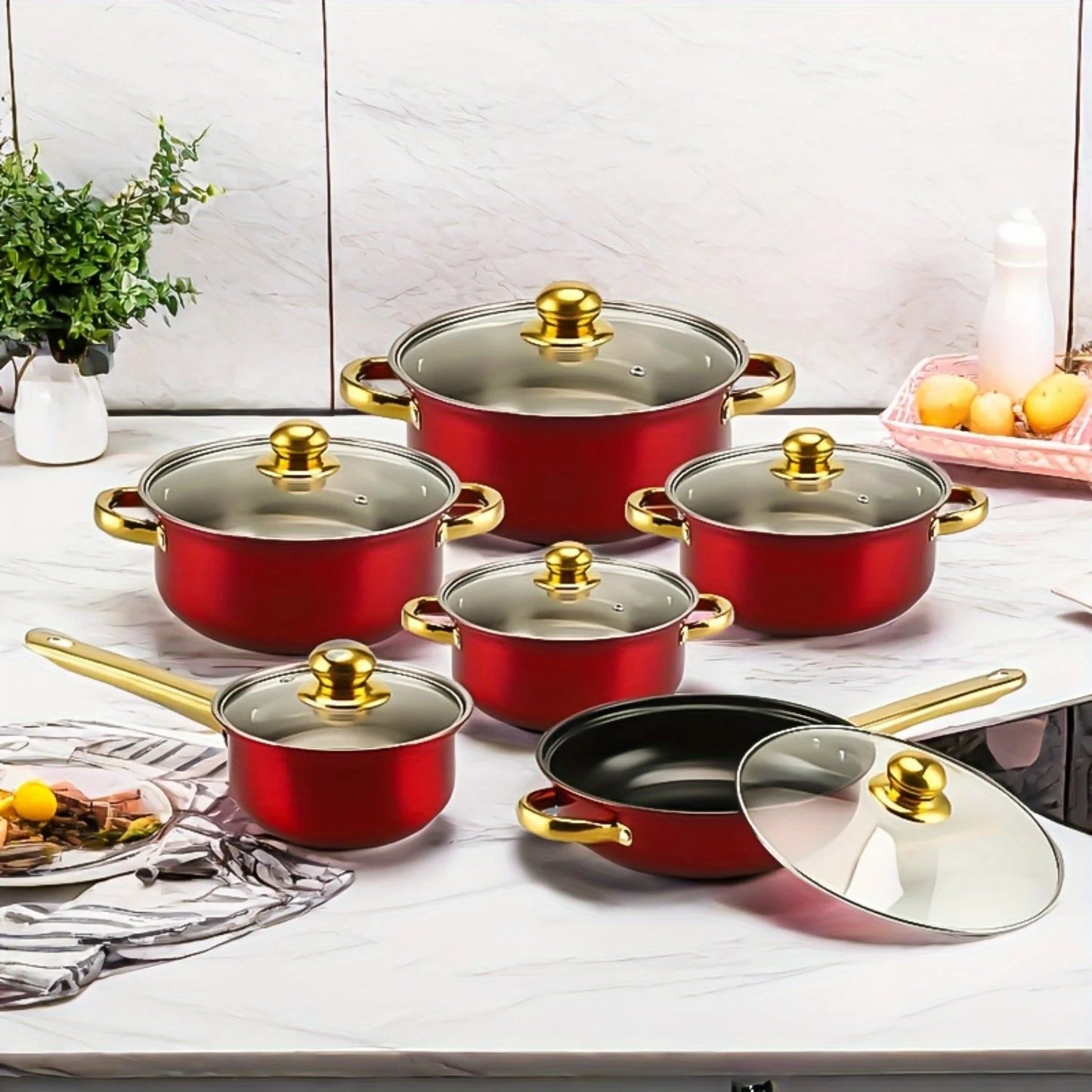 12PCS Stainless Steel Cookware Set, Non-Stick Pots & Pans with Lids, Multi-Color Kitchenware Set