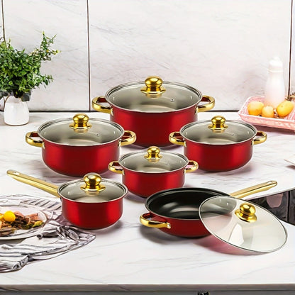 12PCS Stainless Steel Cookware Set, Non-Stick Pots & Pans with Lids, Multi-Color Kitchenware Set