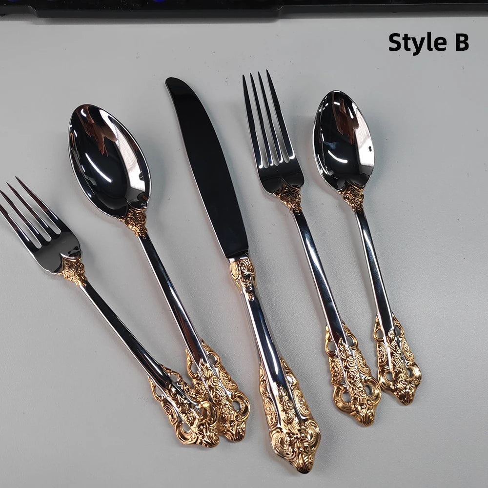 20/30PCS Luxury Gold & Silver Cutlery Set, Vintage Stainless Steel Flatware with Engraved Forks, Spoons & Knives