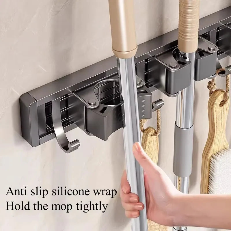 Aluminum Mop Holder Wall Mounted – Adjustable Broom & Mop Organizer Rack with Hooks and Strong Adhesive