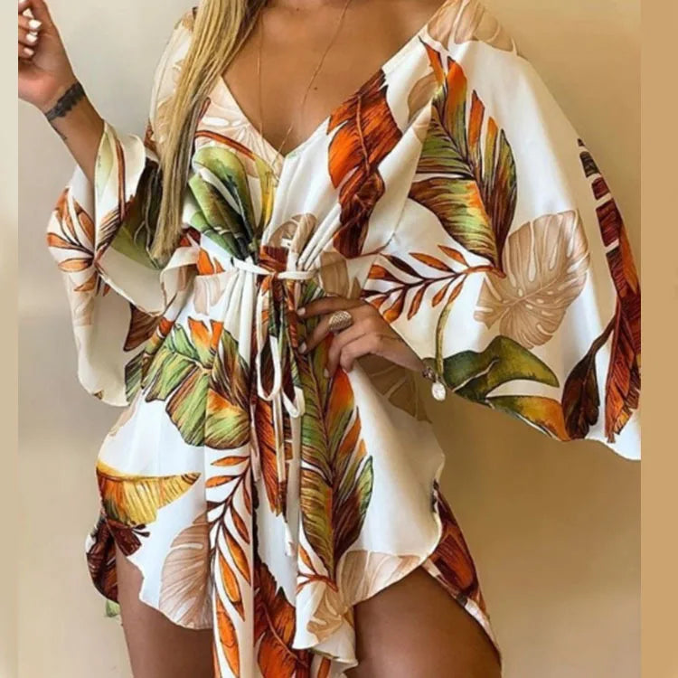 Women’s Floral Print Mini Dress with V-Neck and Batwing Sleeves, Bohemian Loose Fit Summer Beach Sundress Casual Vacation Dress