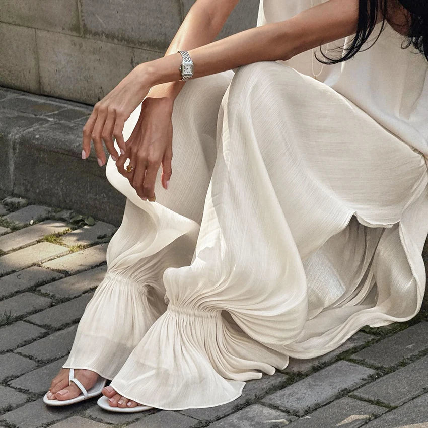 Women’s Apricot Loose Bloomers Pants with Elastic Waist, Sheer Flare Long Trousers, Elegant Autumn Streetwear Casual Wide-Leg Pants