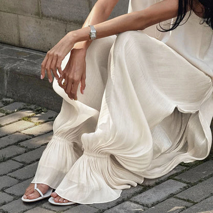 Women’s Apricot Loose Bloomers Pants with Elastic Waist, Sheer Flare Long Trousers, Elegant Autumn Streetwear Casual Wide-Leg Pants