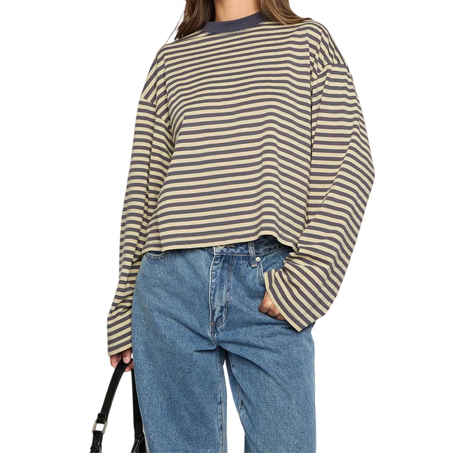 Women’s Retro Striped Long Sleeve T-Shirt, Loose Fit Crew Neck Casual Top, Vintage Streetwear Fall Pullover Tee for Ladies