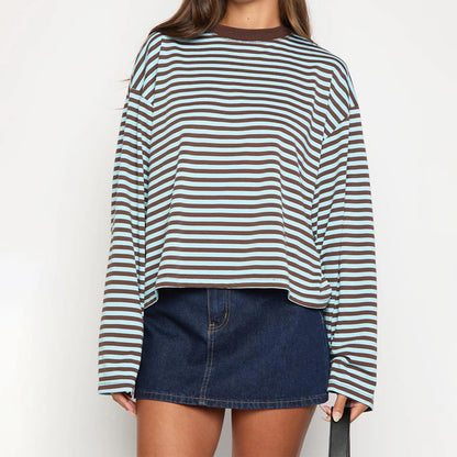 Women’s Retro Striped Long Sleeve T-Shirt, Loose Fit Crew Neck Casual Top, Vintage Streetwear Fall Pullover Tee for Ladies