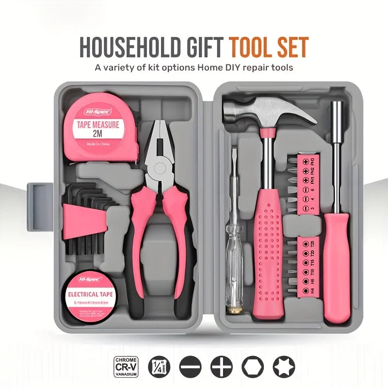 24-Piece Pink Tool Kit for Women, Mini Home Toolbox Set with Hammer, Pliers, Wrench and Screwdriver