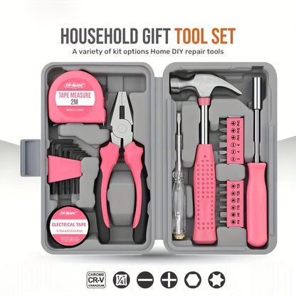 24-Piece Pink Tool Kit for Women, Mini Home Toolbox Set with Hammer, Pliers, Wrench and Screwdriver