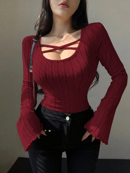 Women’s Ribbed Knit Long Sleeve T-Shirt with Square Neck and Cross Strap, Slim Fit Solid Color Casual Top for Autumn and Winter Streetwear