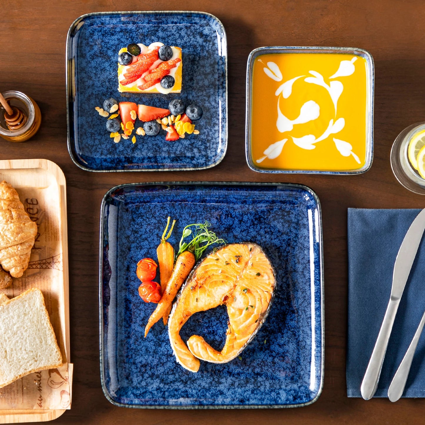Vancasso Square Blue Ceramic Dinnerware Set, Reactive Glaze Plates & Bowls
