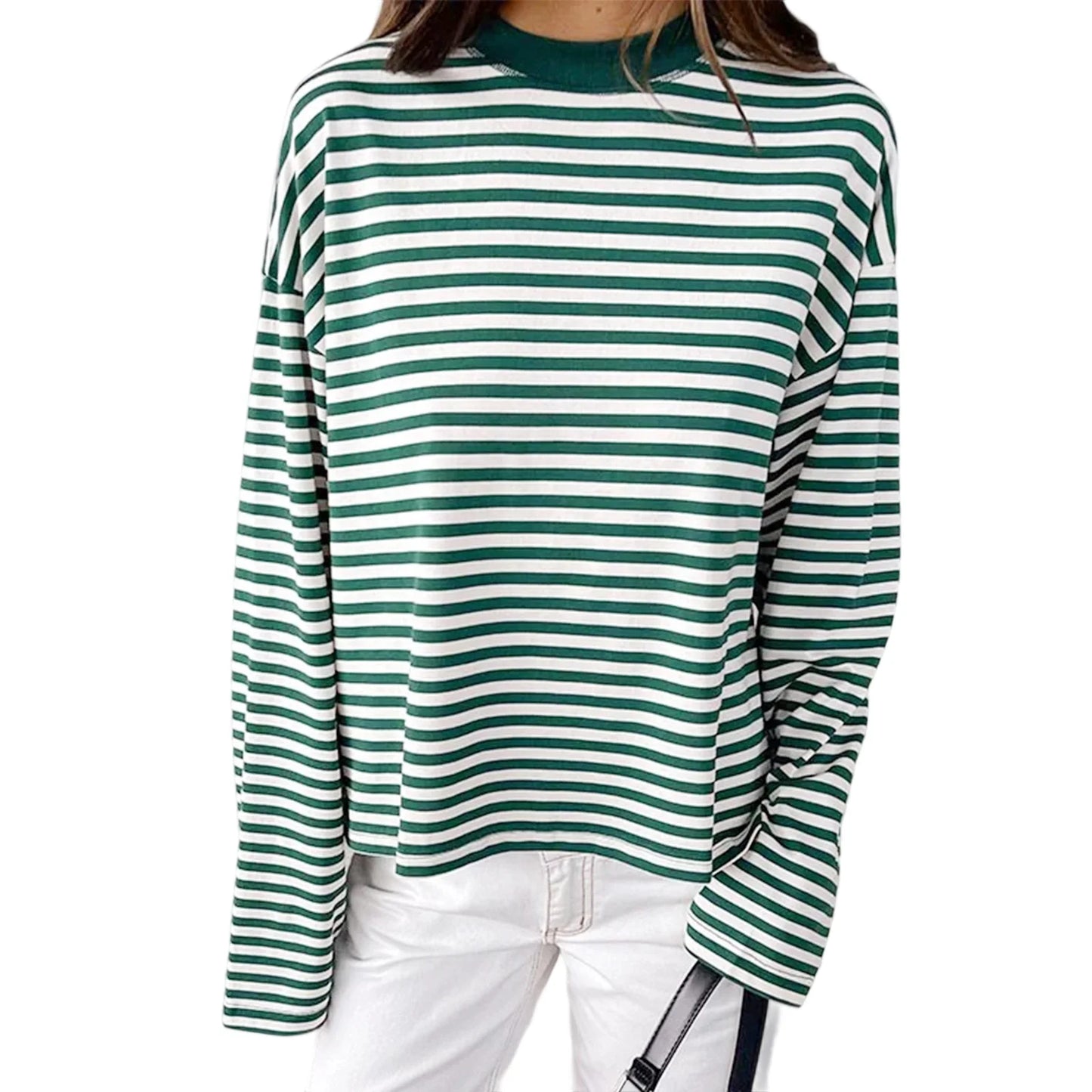 Women’s Retro Striped Long Sleeve T-Shirt, Loose Fit Crew Neck Casual Top, Vintage Streetwear Fall Pullover Tee for Ladies
