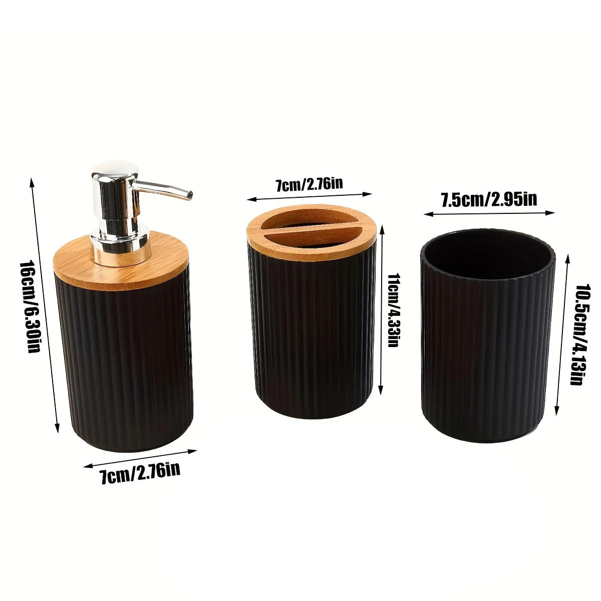 Bathroom Accessories Storage Box Set, PET & Bamboo Vanity Organizer with Soap Dispenser, Toothbrush & Cotton Swab Holder