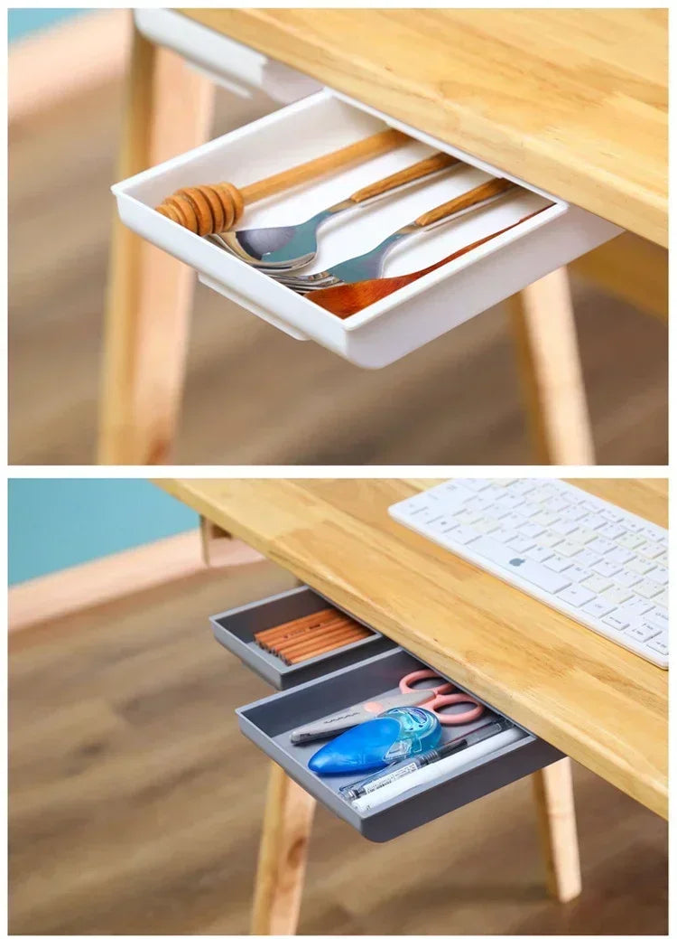 Adhesive Under Desk Drawer Organizer Hidden Table Storage Box Slide Out Tray Simple Sundries Cosmetics Stationery Organizer