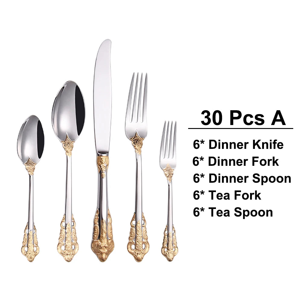20/30PCS Luxury Gold & Silver Cutlery Set, Vintage Stainless Steel Flatware with Engraved Forks, Spoons & Knives