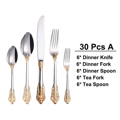20/30PCS Luxury Gold & Silver Cutlery Set, Vintage Stainless Steel Flatware with Engraved Forks, Spoons & Knives