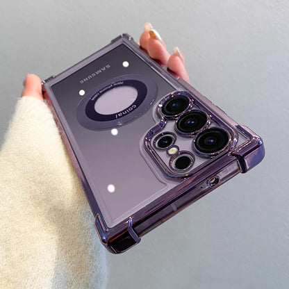 Luxury Plating Magnetic Wireless Charge Case For Samsung S25 Series Clear Lens Protection Cover