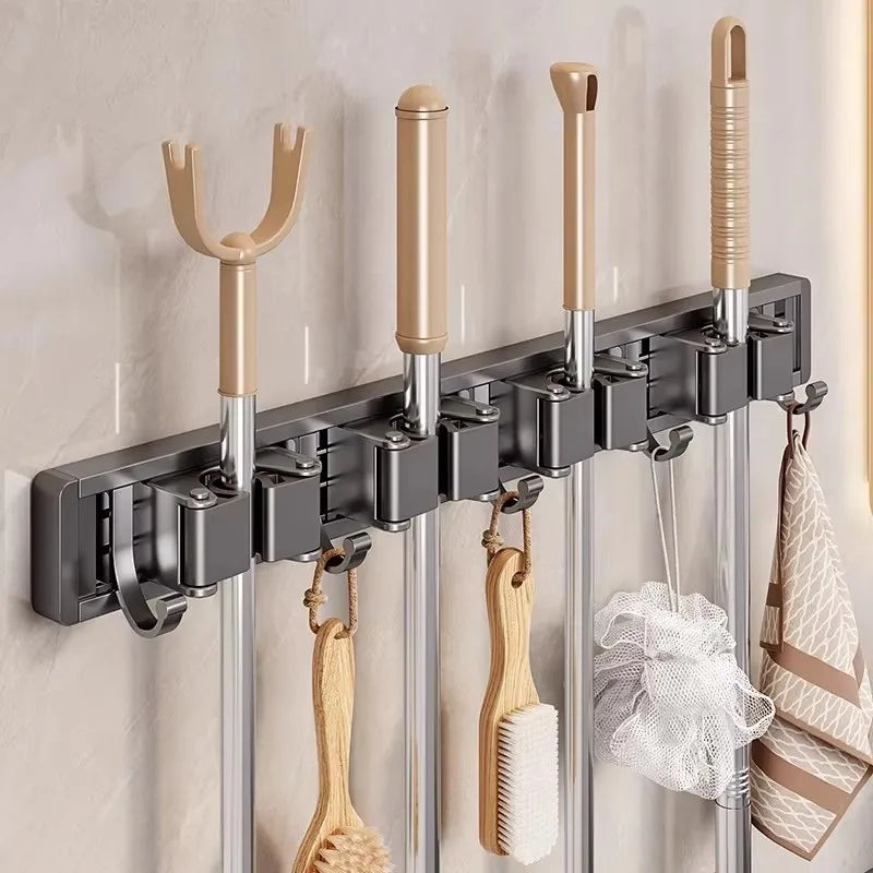 Aluminum Mop Holder Wall Mounted – Adjustable Broom & Mop Organizer Rack with Hooks and Strong Adhesive