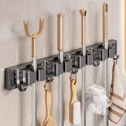 Aluminum Mop Holder Wall Mounted – Adjustable Broom & Mop Organizer Rack with Hooks and Strong Adhesive