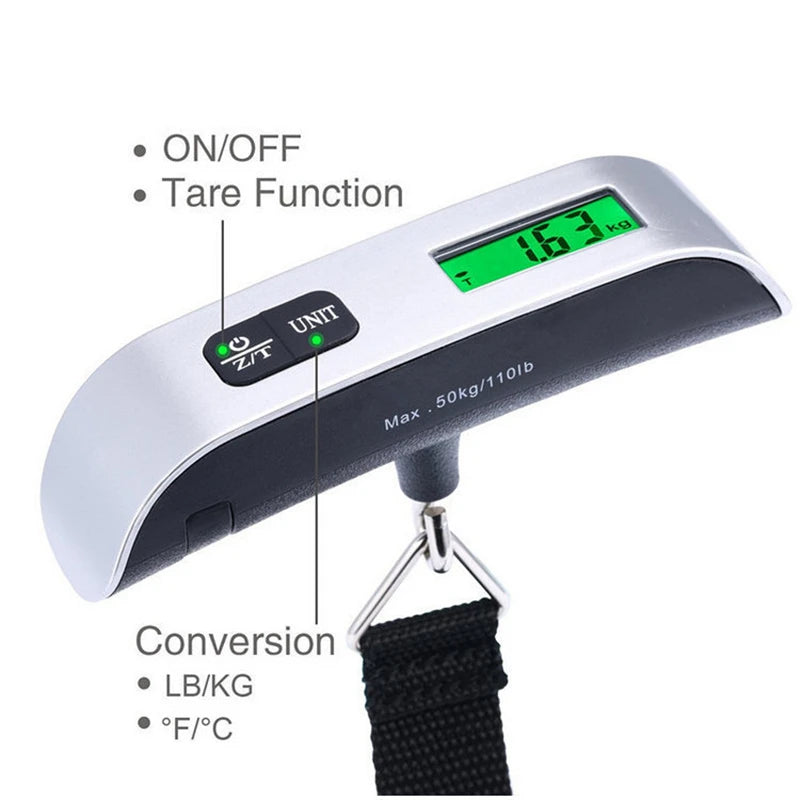 Portable Digital Luggage Scale with LCD Display, 50kg / 110lb Electronic Hanging Suitcase Scale, Travel Baggage Weight Checker with Temperature Display