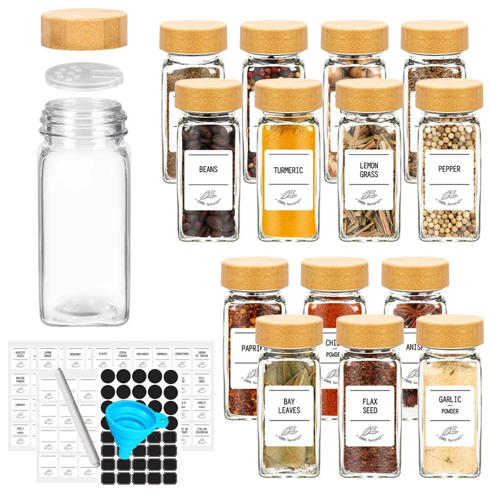 12Pcs Glass Spice Jars with Bamboo Lids – Kitchen Spice Jar Set with Minimalist Labels and Collapsible Funnel